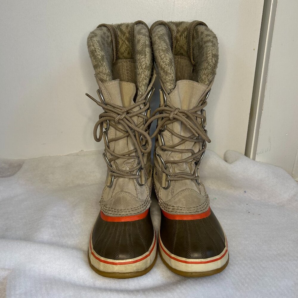 SOREL Joan of Arctic Knit Suede Snow Boots Waterproof Fossil Tan Size 8